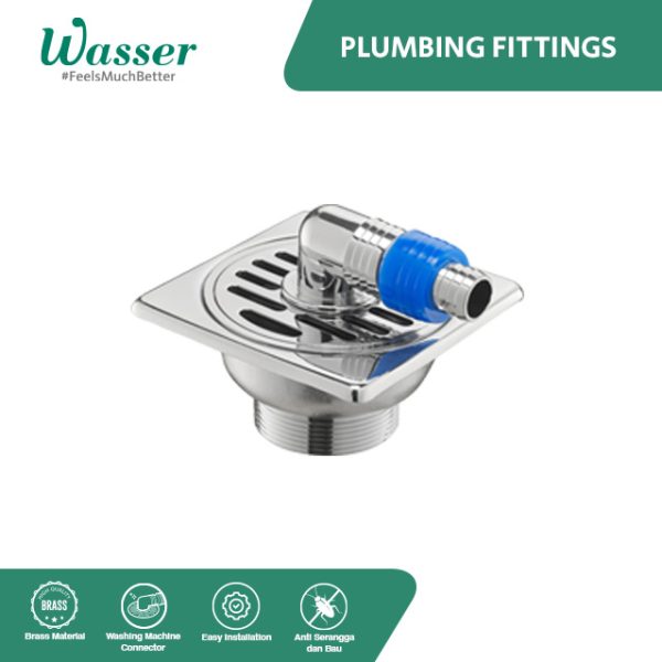 Floor drain Wasser HSA-6448 FG, persegi, material kuningan, konektor mesin cuci, anti serangga dan bau, mudah pasang.