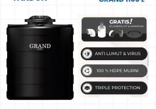 Tangki Air GRAND 1100 Liter hitam dengan fitur gratis plumbing kit & saringan, anti lumut & virus, 100% HDPE murni, dan triple protection.