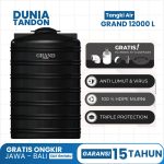 Tangki Air GRAND 12000 Liter hitam dengan fitur gratis plumbing kit & saringan, anti lumut & virus, 100% HDPE murni, dan triple protection.