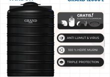 Tangki Air GRAND 12000 Liter hitam dengan fitur gratis plumbing kit & saringan, anti lumut & virus, 100% HDPE murni, dan triple protection.