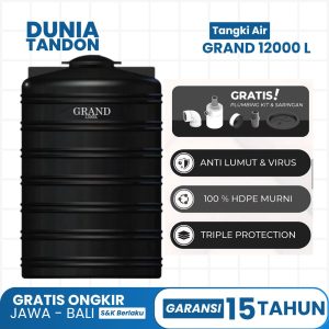 Tangki Air GRAND 12000 Liter hitam dengan fitur gratis plumbing kit & saringan, anti lumut & virus, 100% HDPE murni, dan triple protection.