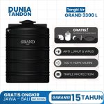 Tangki Air GRAND 3300 Liter hitam dengan fitur gratis plumbing kit & saringan, anti lumut & virus, 100% HDPE murni, dan triple protection.