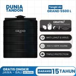 Tangki Air GRAND 5500 Liter hitam dengan fitur gratis plumbing kit & saringan, anti lumut & virus, 100% HDPE murni, dan triple protection.