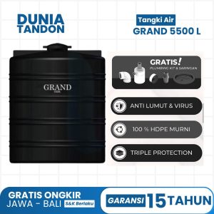 Tangki Air GRAND 5500 Liter hitam dengan fitur gratis plumbing kit & saringan, anti lumut & virus, 100% HDPE murni, dan triple protection.
