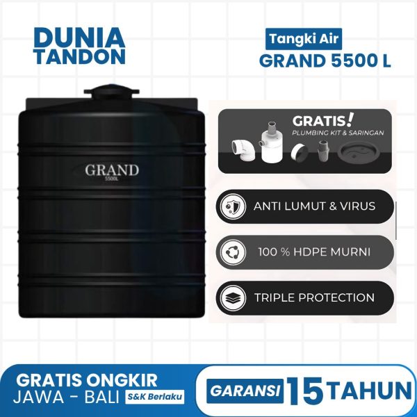 Tangki Air GRAND 5500 Liter hitam dengan fitur gratis plumbing kit & saringan, anti lumut & virus, 100% HDPE murni, dan triple protection.