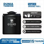 Tangki Air GRAND 700 Liter hitam dengan fitur gratis plumbing kit & saringan, anti lumut & virus, 100% HDPE murni, dan triple protection.