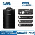 Tangki Air GRAND 900 Liter hitam dengan fitur gratis plumbing kit & saringan, anti lumut & virus, 100% HDPE murni, dan triple protection.