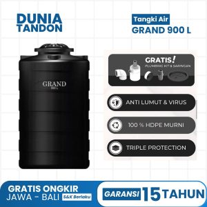 Tangki Air GRAND 900 Liter hitam dengan fitur gratis plumbing kit & saringan, anti lumut & virus, 100% HDPE murni, dan triple protection.