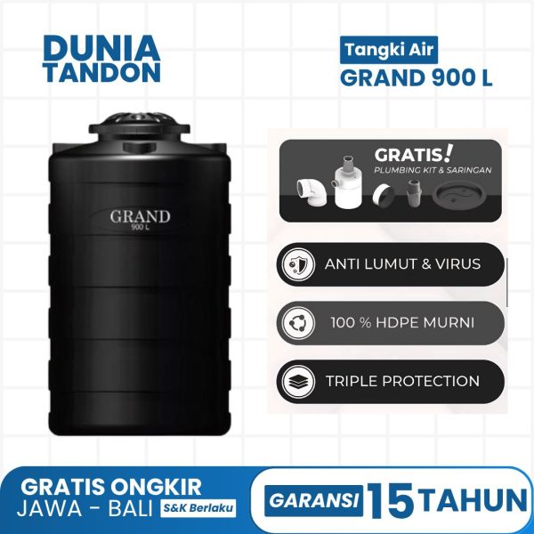 Tangki Air GRAND 900 Liter hitam dengan fitur gratis plumbing kit & saringan, anti lumut & virus, 100% HDPE murni, dan triple protection.