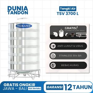 Tangki air Grand TSV 3700 Liter stainless dengan fitur anti lumut & virus, Stainless 304 BA, bebas kuras, dan gratis plumbing kit & kaki tangki.