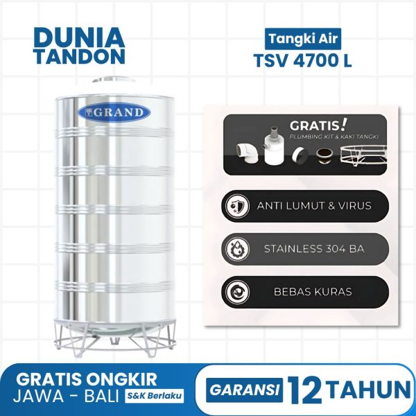 Tangki air Grand TSV 4700 Liter stainless dengan fitur anti lumut & virus, Stainless 304 BA, bebas kuras, dan gratis plumbing kit & kaki tangki.