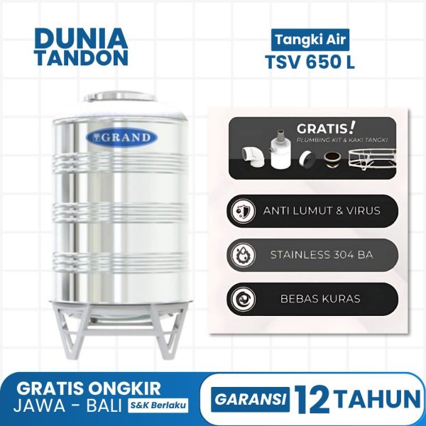 Tangki air Grand TSV 650 Liter stainless dengan fitur anti lumut & virus, Stainless 304 BA, bebas kuras, dan gratis plumbing kit & kaki tangki.