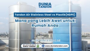 Tampilan tandon air stainless steel berdampingan dengan tandon plastik biru sebagai contoh perbandingan tandon air stainless steel vs plastik (HDPE)