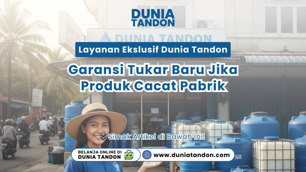 Seorang wanita tersenyum di depan deretan tandon air biru sebagai visual layanan eksklusif garansi tukar baru jika produk cacat pabrik