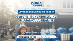 Seorang wanita tersenyum di depan deretan tandon air biru sebagai visual layanan eksklusif garansi tukar baru jika produk cacat pabrik