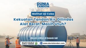 Sebuah buldozer besar sedang melindas tangki air biru raksasa sebagai visual melihat uji coba kekuatan tandon air dilindas alat berat, masih utuh?