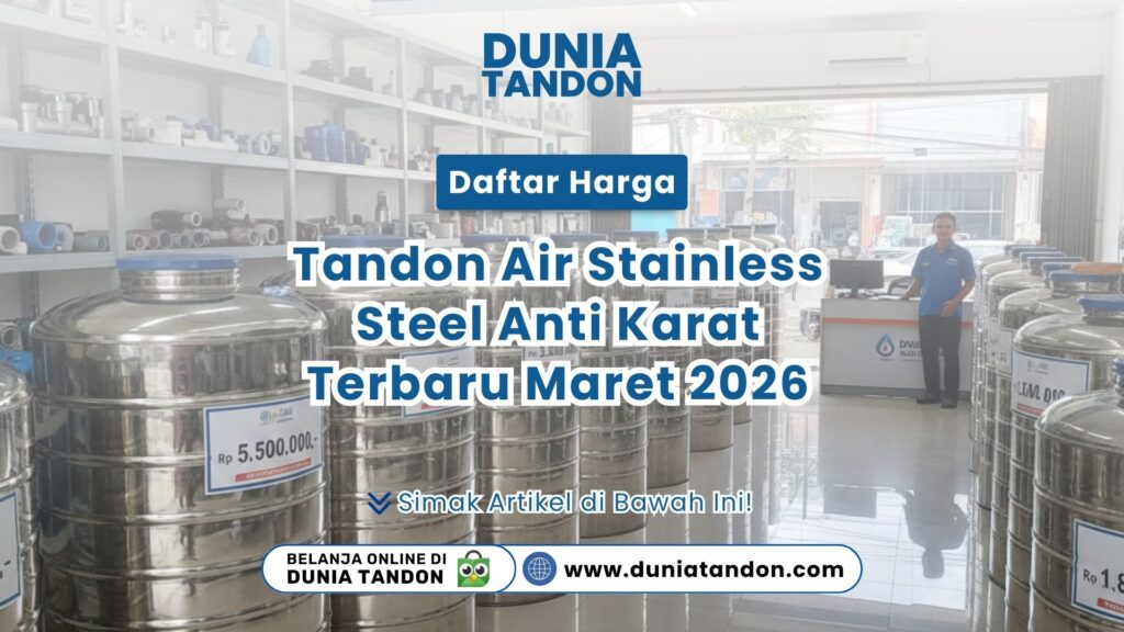 Suasana toko Dunia Tandon dengan barisan tandon air stainless steel mengkilap dan label harga terpasang rapi
