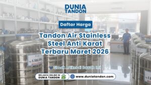Suasana toko Dunia Tandon dengan barisan tandon air stainless steel mengkilap dan label harga terpasang rapi
