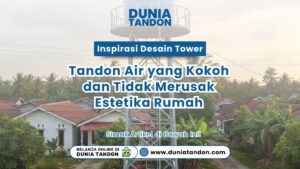 Sebuah menara tower tandon air rangka besi tinggi yang berdiri kokoh di tengah area perumahan dengan latar pepohonan hijau