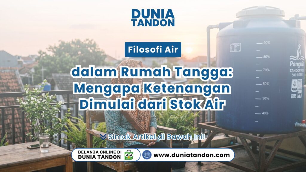 Seorang wanita duduk tenang di teras dekat unit Filosofi Air dalam Rumah Tangga: Mengapa Ketenangan Dimulai dari Stok Air berwarna biru