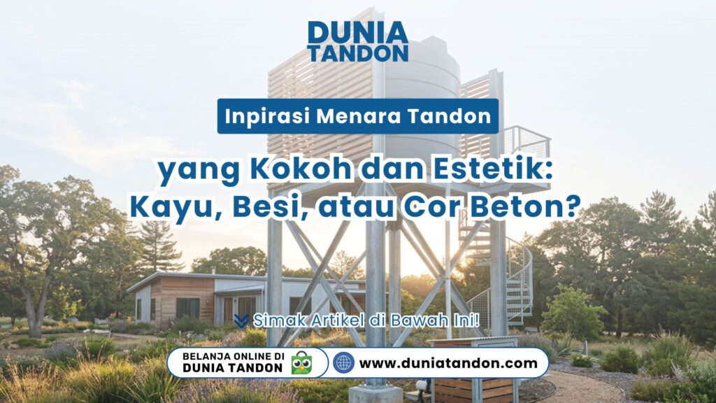 Tampilan menara tandon besi galvanis dengan aksen kayu yang kokoh dan estetik