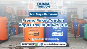 Display produk tangki air Profil Tank 1000L warna oranye dan Tita 2000L Jumbo warna biru anti lumut SNI di Toko Dunia Tandon