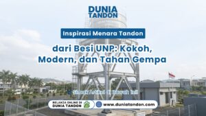 Kompleks bangunan dengan unit Inspirasi Menara Tandon UNP raksasa dari baja abu-abu yang berdiri tegak di Toko Dunia Tandon