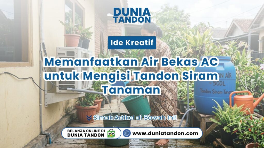 Seorang wanita menampung air dari outdoor pendingin pada artikel Ide Kreatif Air AC untuk siram tanaman di Toko Dunia Tandon